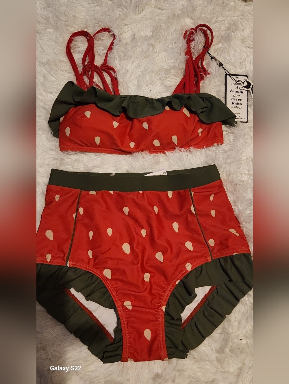 NWT RETRO STAGE SIZE SMALL 2PC  Red Strawberry Print Ruffle Bikini Set BOYSHORT